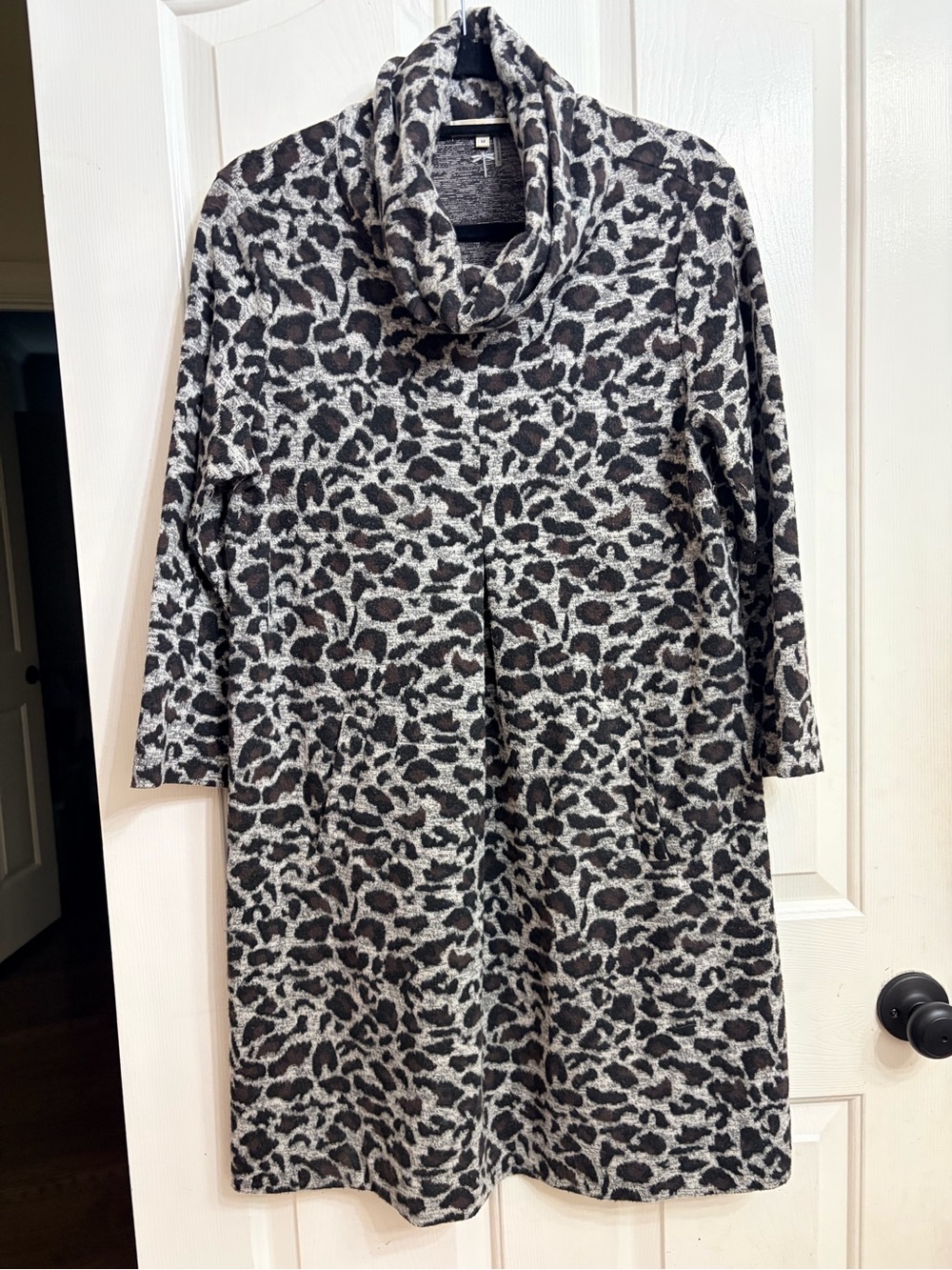 Tyler Boe Gray and Black Leopard Cowl Neck Sweater Dress